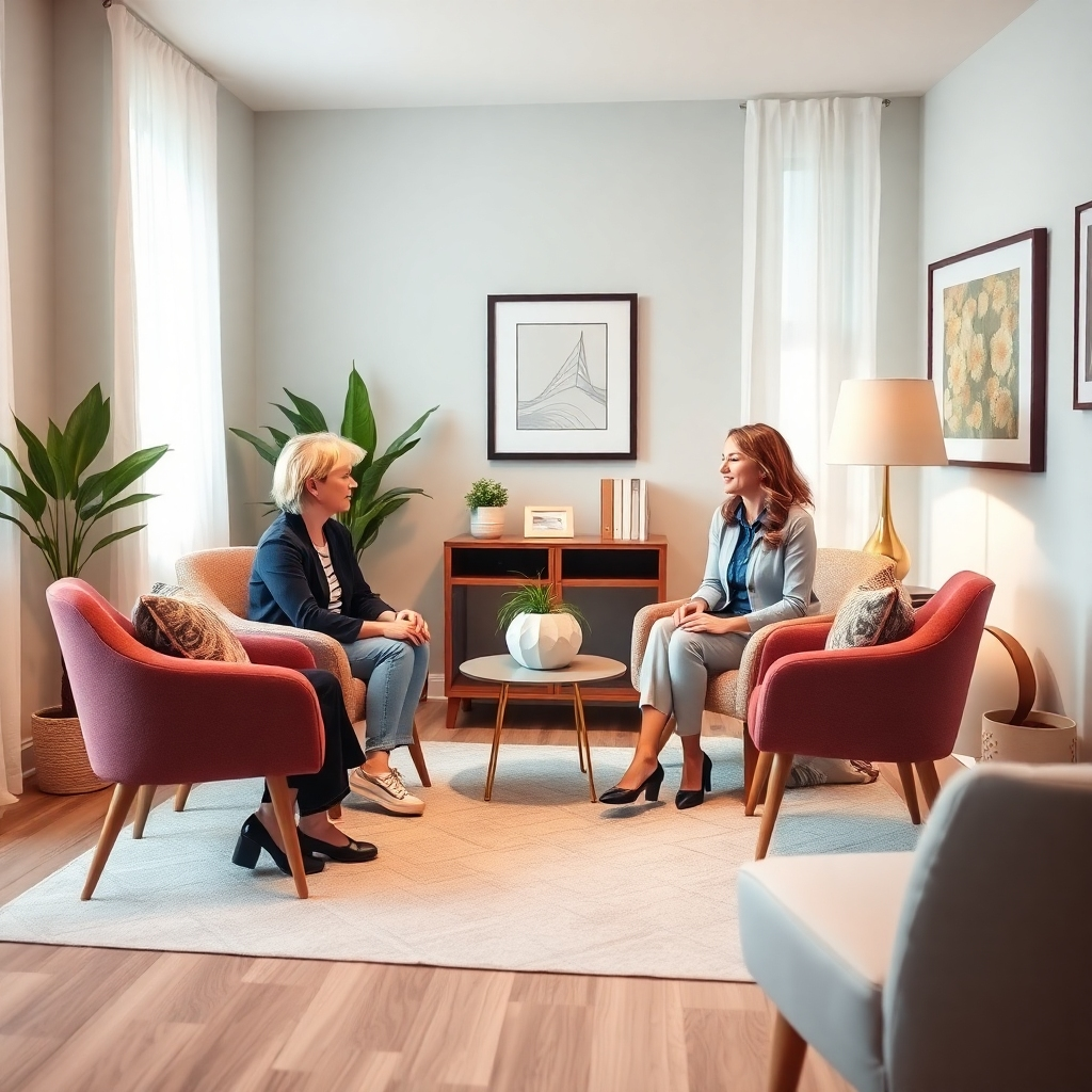 An inviting counseling room with soft lighting, comfortable chairs, and decor that promotes serenity. A licensed counselor engages in a thoughtful discussion with a client. The colors are soft and inviting, creating a relaxing environment. The scene captures the essence of trust and mental health healing in a clean, photorealistic style.