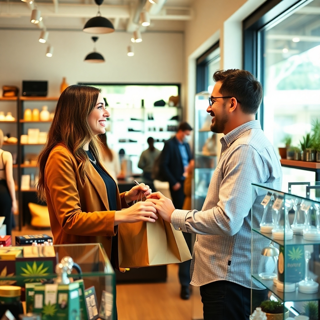 An inviting image of a personal shopper assisting customers in a stylish boutique filled with cannabis gear. The setting is warm and welcoming, with carefully arranged displays and enthusiastic shoppers. Natural light floods the boutique, reflecting the unique items available. The interaction between shopper and client is friendly and engaging, emphasizing a personalized touch in the high-quality image.
