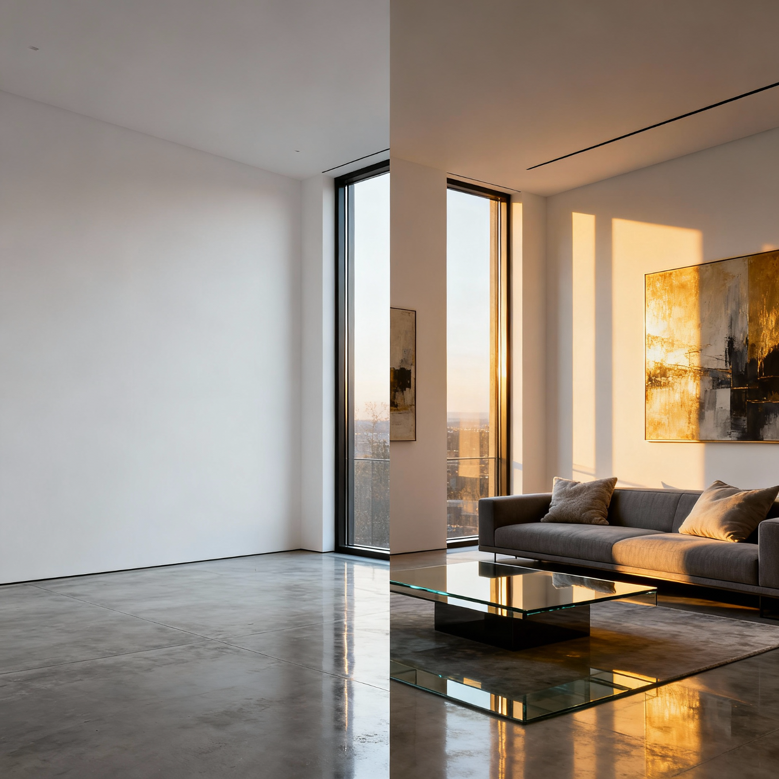A photorealistic image showcasing a side-by-side comparison of the cost and aesthetics of traditional staging versus virtual staging. The left shows an empty room with potential but no furnishings, while the right displays the same space vibrantly staged digitally, with modern furniture and decor. The lighting should be clear and bright, emphasizing the stark difference in appearance and cost displayed through infographics on the walls beside each room. The overall feel should be clean and informative, showcasing the benefits of virtual staging.