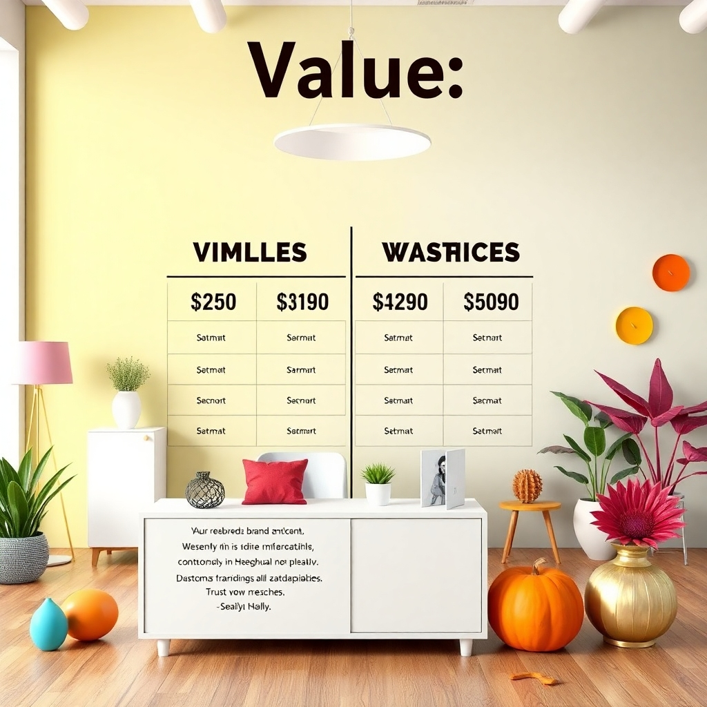 Create a compelling image that visually portrays value; include a comparative display of pricing for various branding services along with feedback from satisfied customers. The backdrop should comprise a modern office space with vibrant decorations. Artistic elements should fill the room conveying affordability and high quality seamlessly. The color palette should reflect trust and reliability, creating an inviting scene captured in photorealistic detail.