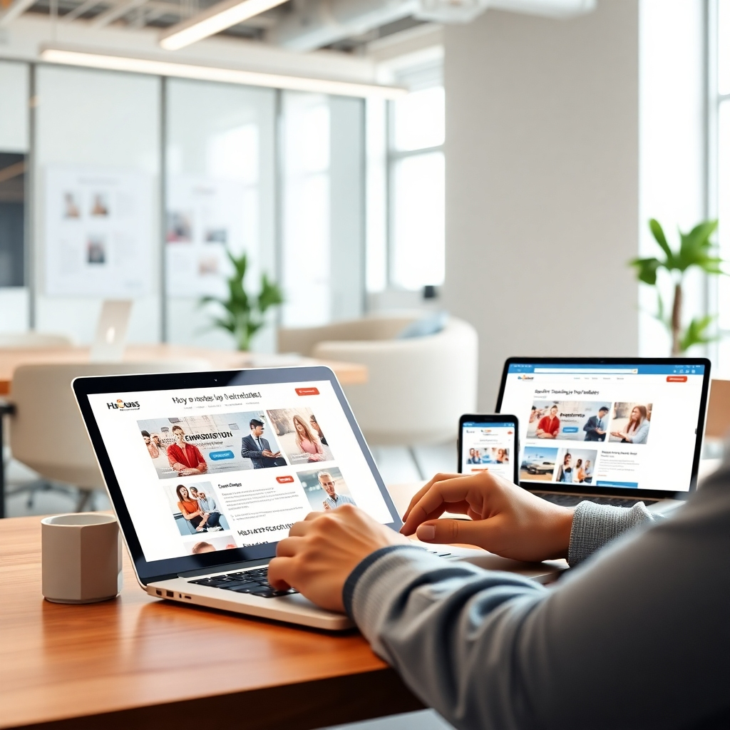 Create a detailed image of a user interacting with a sleek website on a laptop in a bright office environment. Include additional devices displaying the same site, emphasizing cross-platform functionality. Use clean, modern decor and effective lighting to create an inviting workspace. The details of the screen interface should be captured in high resolution with photorealistic quality.