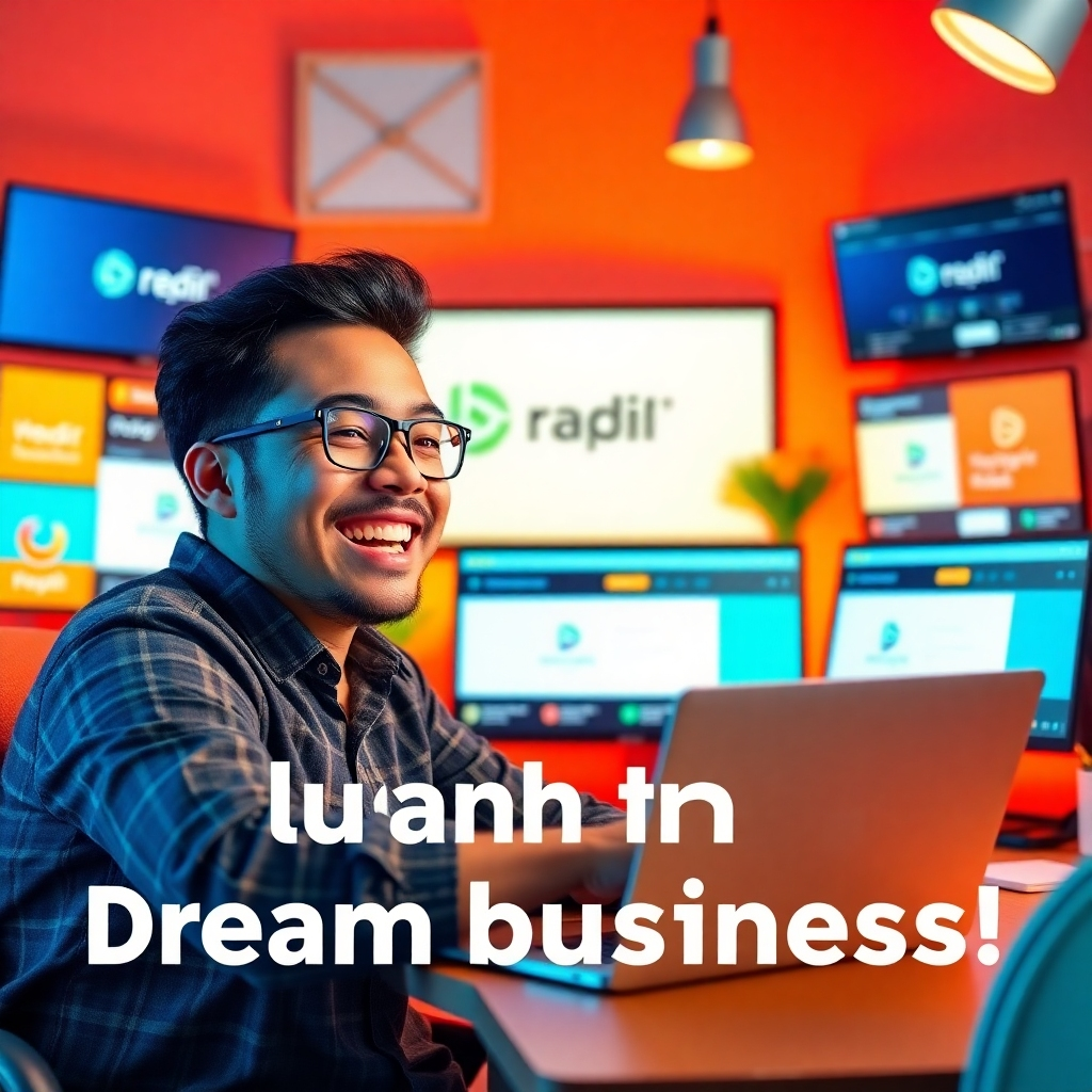 Create a dynamic image capturing the essence of launching a dream business. Feature a joyful entrepreneur in front of their laptop, with a vibrant workspace showcasing logos and website mockups on screens. Use a bright color palette that conveys optimism and creativity. The lighting should be cheerful and inspirational, highlighting the details of the workspace and the entrepreneur's facial expressions. Aim for a photorealistic style that conveys excitement, rendered in high resolution.