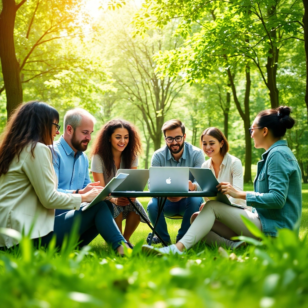 Create a vibrant image depicting a team of sustainability consultants meeting in a green park, ideating new sustainable practices. Equipped with laptops and eco-friendly materials, they should be actively collaborating amidst trees and natural beauty. Bright, natural lighting should enhance the fresh and innovative atmosphere, with a color palette featuring greens and earthy tones. A dynamic camera angle should capture their enthusiasm and deep engagement with the theme.