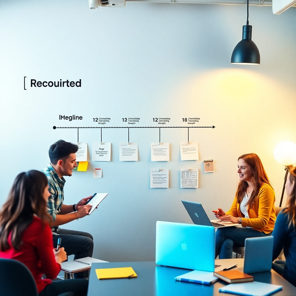 Create a vibrant scene showing chronological steps of branding, with tools displayed from logo creation to website launch. Display timelines on a wall with pinned notes alongside mock designs, and include enthusiastic entrepreneurs discussing their plans. Bright, cheerful lighting should create an energizing atmosphere. Make sure to detail the props, such as laptops, notebooks, and sketches. Capture this bustling environment photorealistically in high resolution.