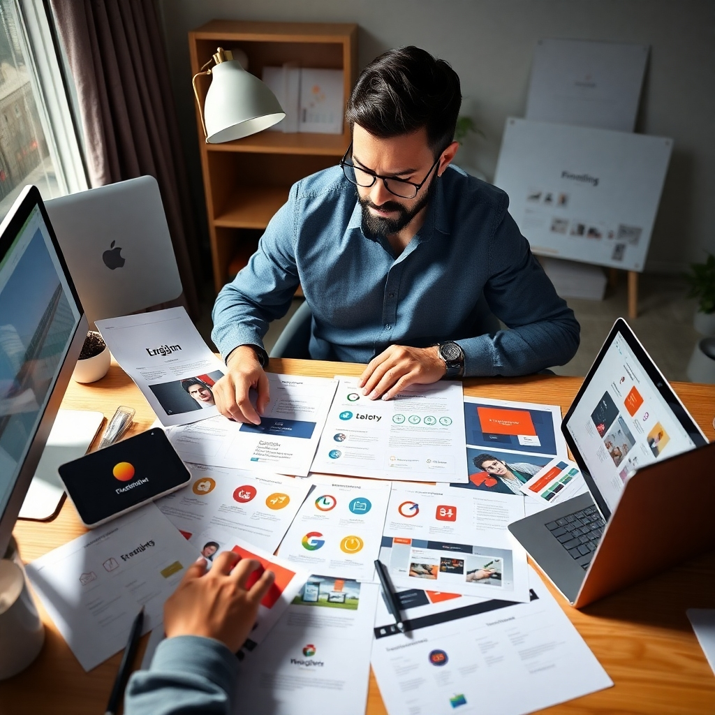 Depict a powerful image showcasing a digital entrepreneur reviewing a comprehensive branding package, spread out on a desk. The workspace should be well-organized yet creative, with colorful logo drafts, website designs, and video storyboards. The lighting should be bright, illustrating clarity and motivation. Descriptive textures like paper quality and device screens should enhance the realism of the scene. Render this image in high definition to celebrate the excitement of starting a business.