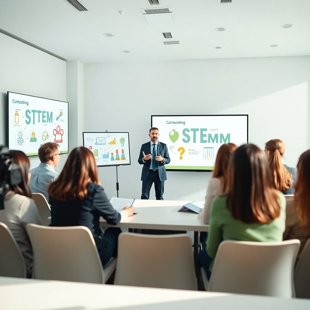Design a photorealistic image of a consultant delivering a workshop to a group of engaged professionals. The setting should be bright and modern, with visuals of STEM concepts projected on screens. Natural light should fill the room, enhancing a collaborative feel. Use a color palette of soft greens and neutral tones to represent innovation and professionalism. The camera angle should be engaging to capture the responsiveness of the audience.