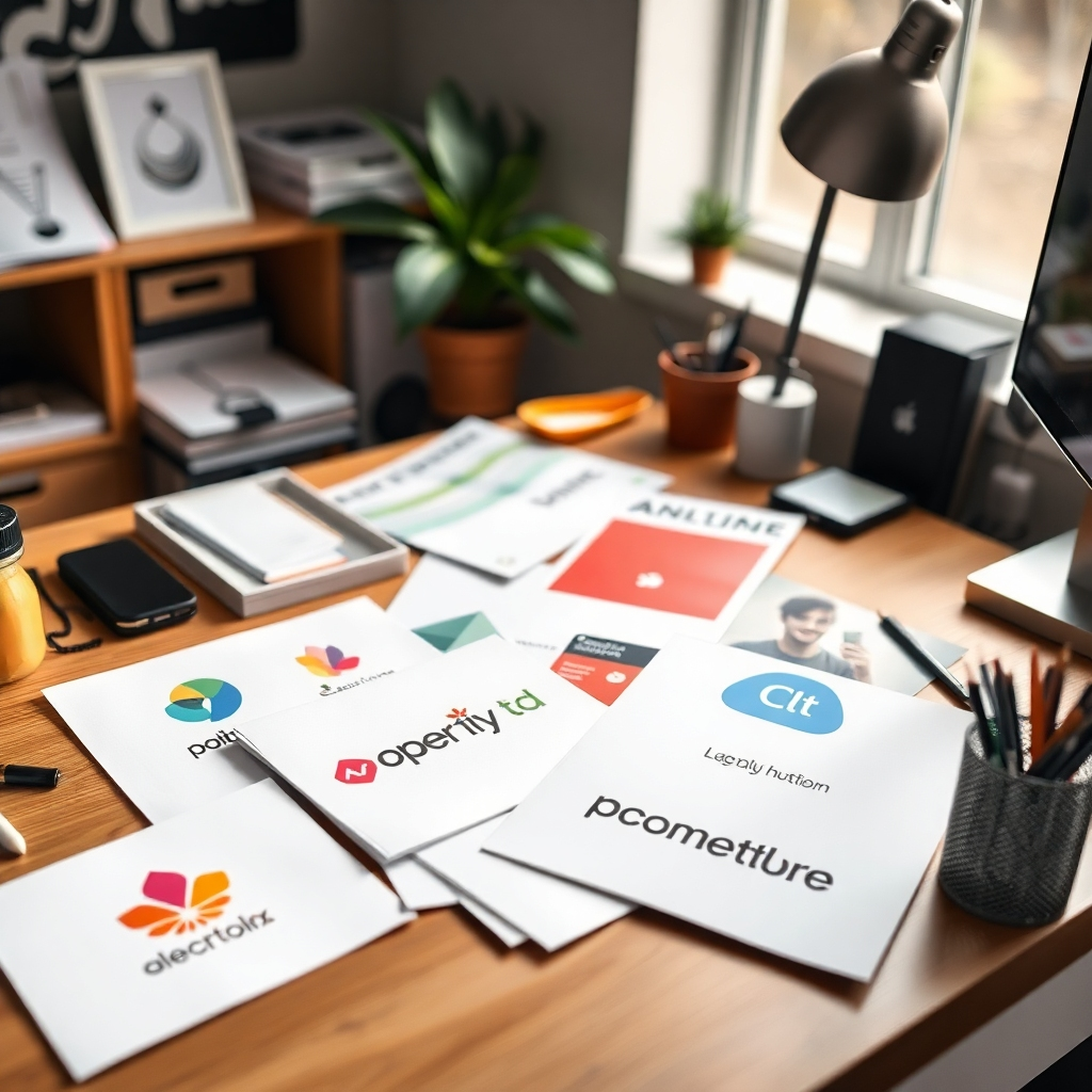 Design an image that symbolizes affordability in branding. The visual should feature a close-up of various branding tools—like logos, brochures, and digital content on a designer's desk. The composition should show a creative, clutter-free workspace enhanced by natural light seeping from a nearby window. The colors should be warm and inviting, prompting a sense of possibility. Aim for a crisp, clear focus to capture every detail, rendered in 4K resolution.