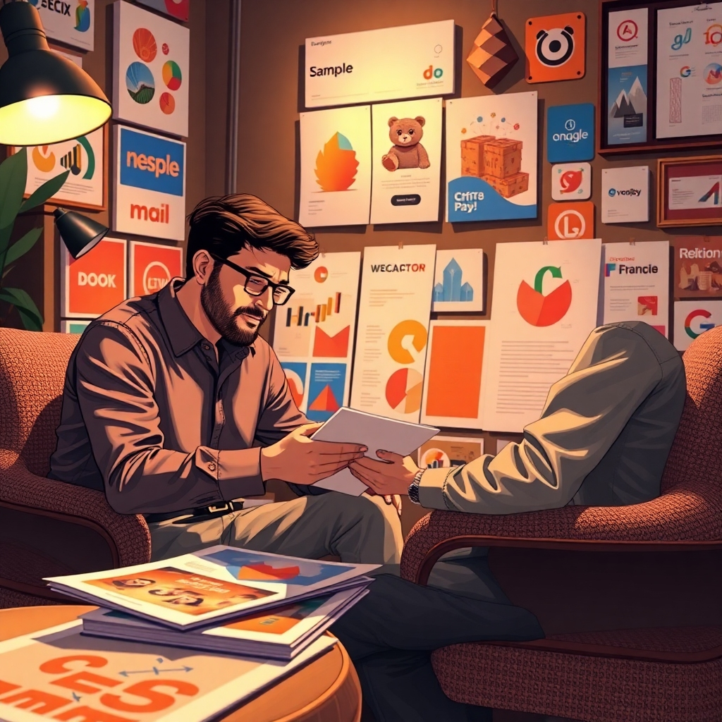 Illustrate a captivating scene where an entrepreneur is working with a graphic designer on branding elements. The setting should be cozy, with warm ambient lighting and an array of colorful branding artworks surrounding them. Capture textures like the fabric of the chairs and the gloss of the printed materials. The camera angle should be linked closely to show their intense focus and creative engagement. Render this scene photorealistically in high resolution to showcase the intricate details and atmosphere.