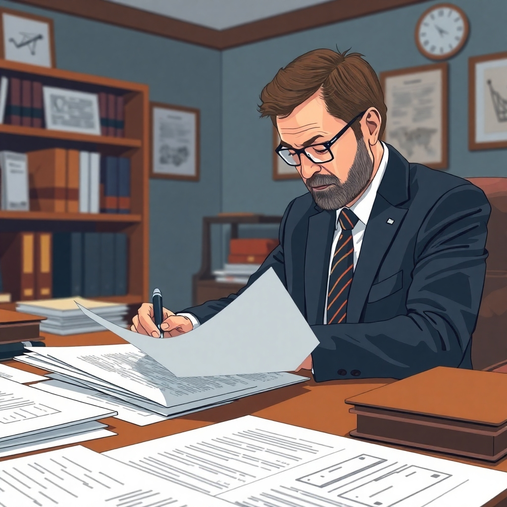 Illustrate a focused patent attorney reviewing a comprehensive patent application at a desk filled with documents and reference materials. The office setting should be well-organized and professional, with warm lighting enhancing an atmosphere of diligence. The color palette should include deep blues and browns to signify trust and reliability. A close-up angle will help portray the meticulous nature of patent writing.