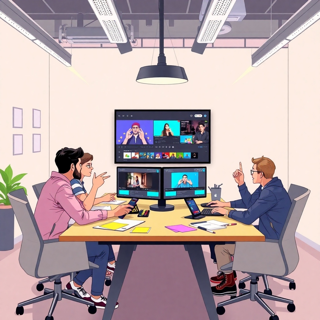 Illustrate an engaging scene of artists and entrepreneurs collaborating around a conference table, designing a video pitch. Showcase screens displaying various video editing software and collaborative notes scattered about. The lighting should be bright yet soft, creating a welcoming feel. Colorful props like action boards and materials should add vibrancy. This dynamic atmosphere should be rendered in photorealistic style suitable for impressive high resolution.
