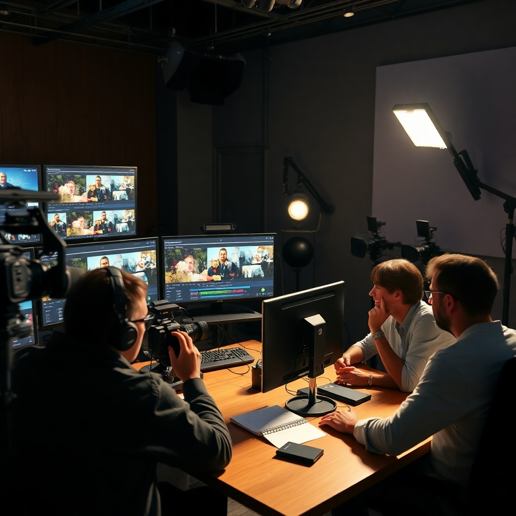 Showcase a creative team gathered around video editing software on multiple screens, engaged in editing footage. The room should be filled with professional equipment like cameras, microphones, and lighting. Bright, dynamic lighting should reflect activity and enthusiasm, while textures of the equipment and materials create a sense of realism. This environment should be rendered in high quality detail, highlighting the collaborative effort.