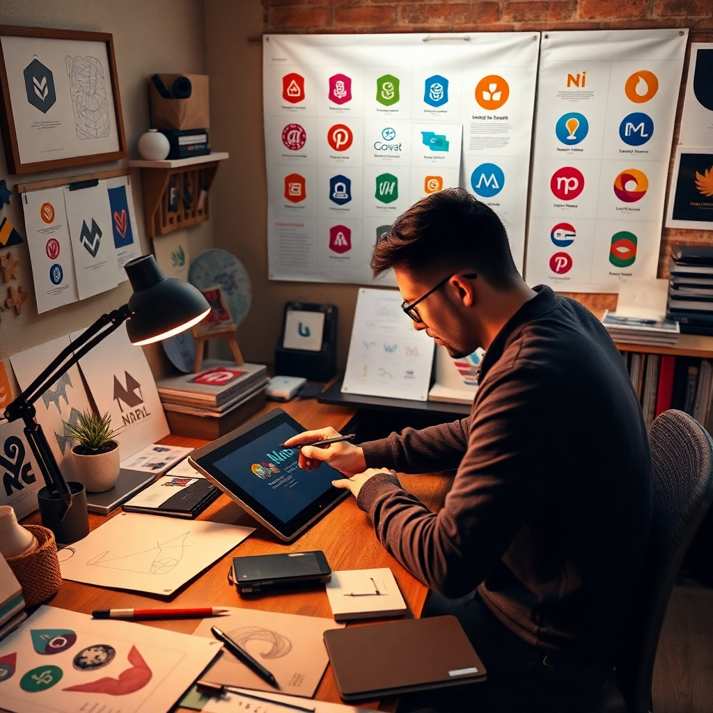 Visualize a creative workspace where a designer finalizes a logo on a graphic tablet. Surround the setting with sketches, colorful logo samples, and design books. Ensure the lighting is warm and inspiring. The composition should show the designer’s concentration and artistic vibe in photorealistic detail, capturing the textures of the materials used.