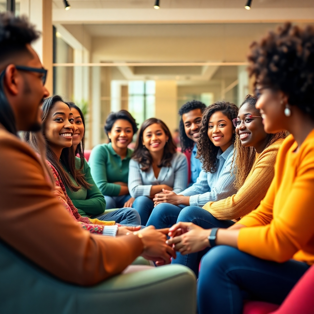 Visualize a warm community gathering of new entrepreneurs sharing their stories and support at a branding workshop. The environment should be friendly and engaging, with varied seating arrangements set in bright lighting. Use a vibrant color palette to reflect enthusiasm and unity. Capture the essence of collaboration through these faces in a photorealistic scene. Aim to reflect the textures of seating and decor, ensuring high quality rendering suitable for 4K resolution.