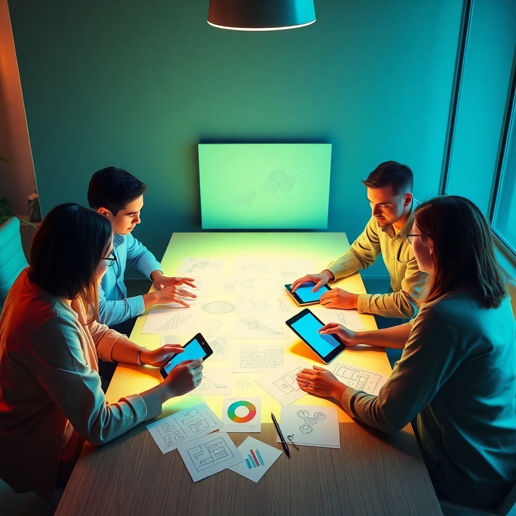Visualize an inviting scene of a collaborative team brainstorming ideas around a glowing table full of design sketches and tablets. The lighting should be soft yet modern, and the color scheme should include bright greens and blues emphasizing innovation and synergy. Include detailed textures of the materials scattered around, such as sketches and digital designs, to enhance realism. Create this image in a photorealistic style that showcases teamwork and creativity, suitable for high quality resolution.