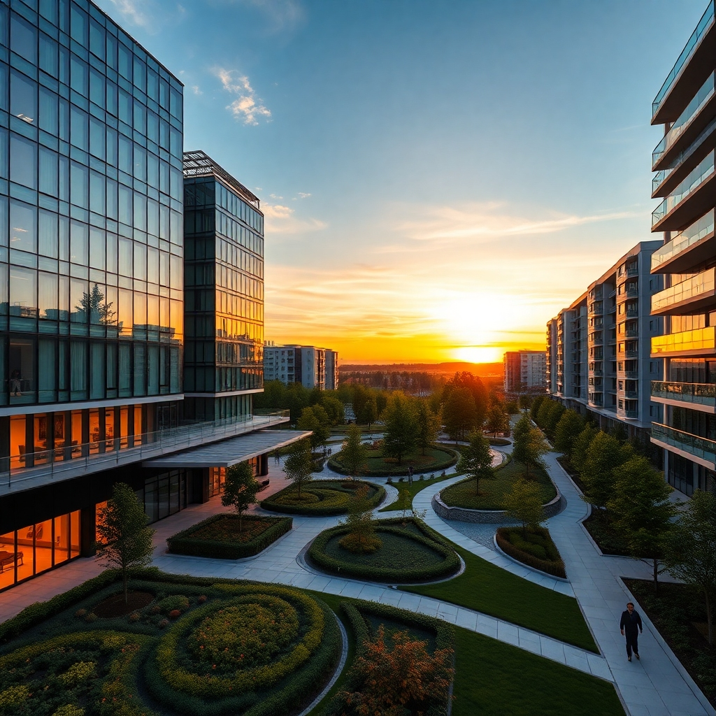 A beautiful sunset view over the Rovdas Næring and residential park, showcasing modern architecture with appealing design, landscaped gardens, and people strolling along pathways. The warm colors of the sunset reflect on the glass buildings, creating a welcoming ambiance.