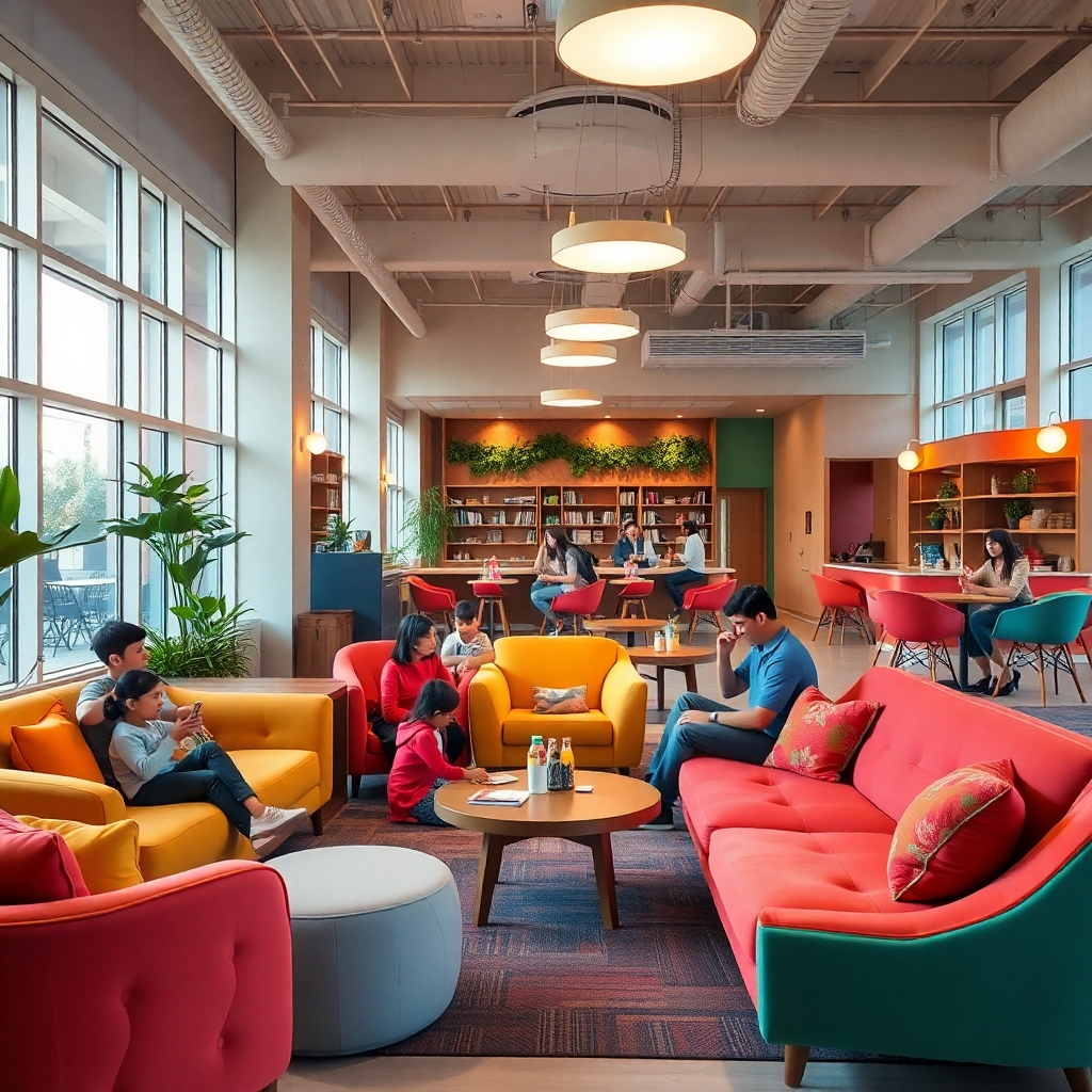 A beautifully designed communal space with colorful furniture, soft lighting, and welcoming decor. People of different ages comfortably lounging, children playing, and adults engaging in friendly conversations, illustrating a warm and inviting atmosphere.
