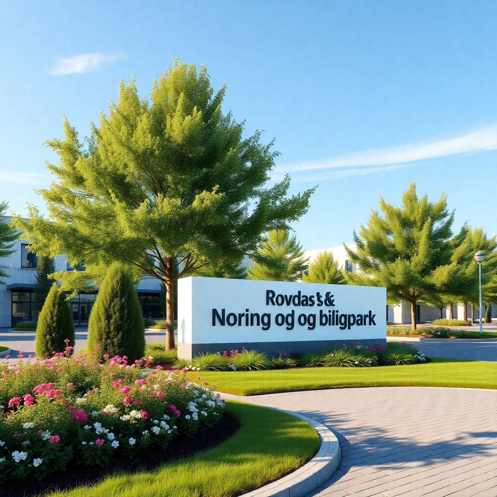A beautifully designed modern business park entrance with well-maintained landscaping. The sign of 'Rovdas Næring og boligpark' prominently displayed, surrounded by green trees and flowering plants. Bright clear sky and a welcoming atmosphere.