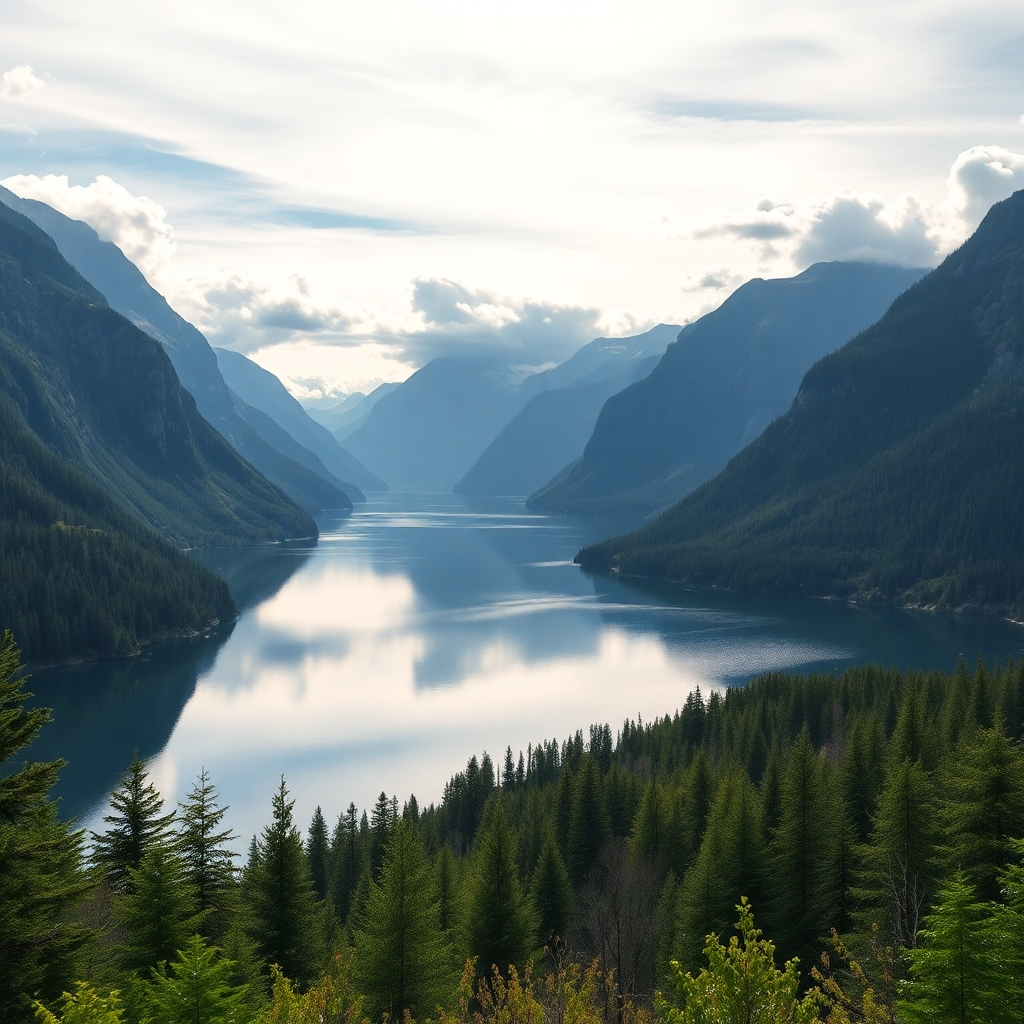 A breathtaking photorealistic landscape image of scenic Norwegian nature, featuring dramatic fjords and lush forests. Include a clear view of the sky and reflections on the water, conveying tranquility and the perfect blend of nature with residential living.