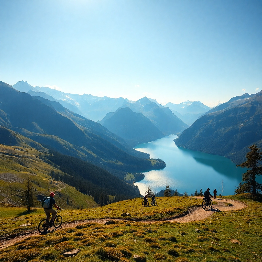 A breathtaking view of the Reisadalen valley with majestic mountains in the background and a glistening lake in the foreground. People are hiking, fishing, and cycling along well-marked trails. The scene conveys the beauty of outdoor activities and adventure in nature.