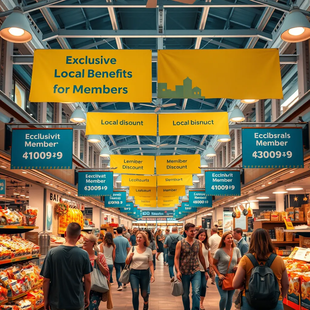 A bright, cheerful marketplace with banners that read 'Exclusive Local Benefits for Members.' Display various local products with tags indicating 'Member Discount.' Shoppers happily browsing and taking advantage of these deals.