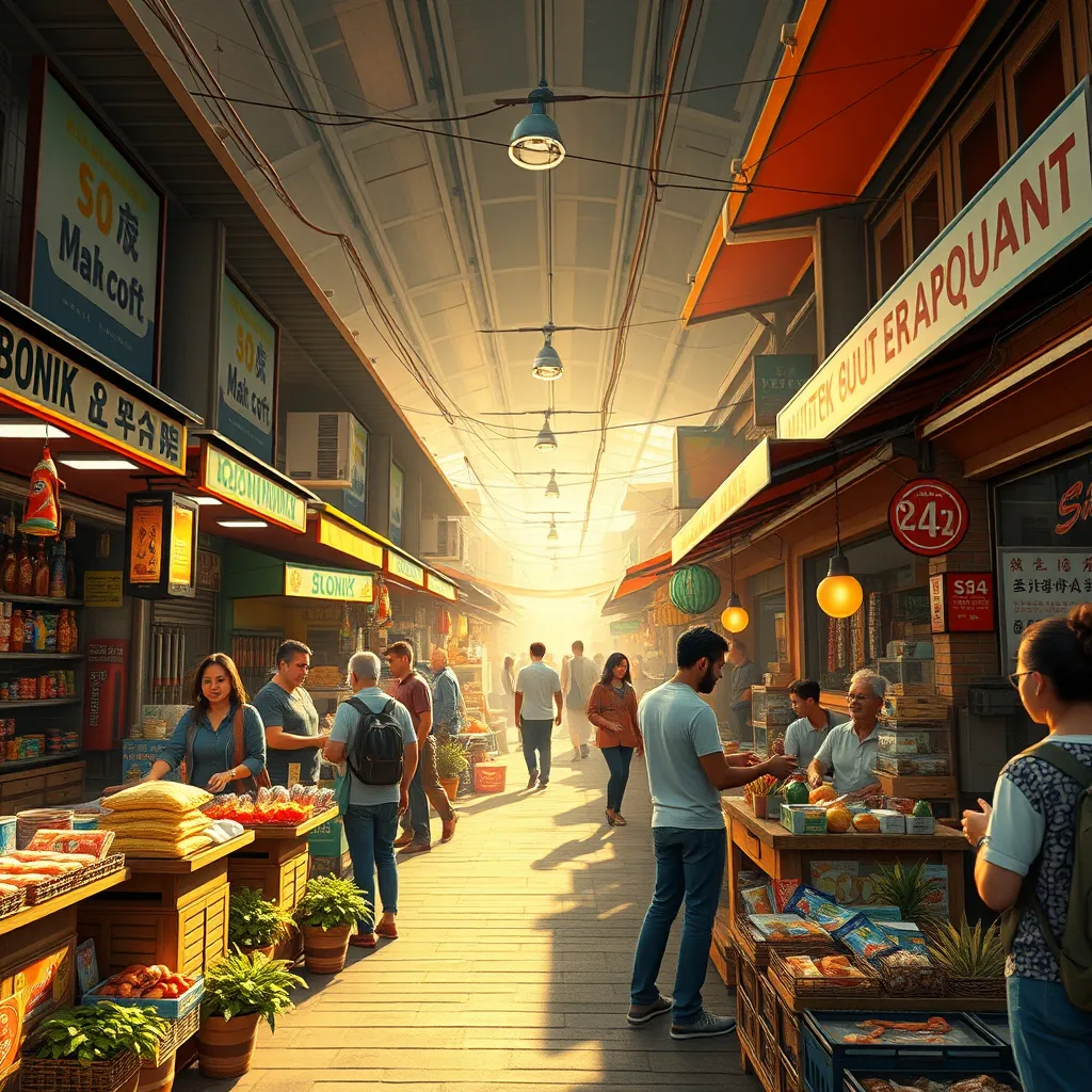 A bustling community marketplace with local shops and vendors, people engaging in transactions, happy shop owners, and newly employed staff. Bright, vibrant environment showing economic activity and growth.