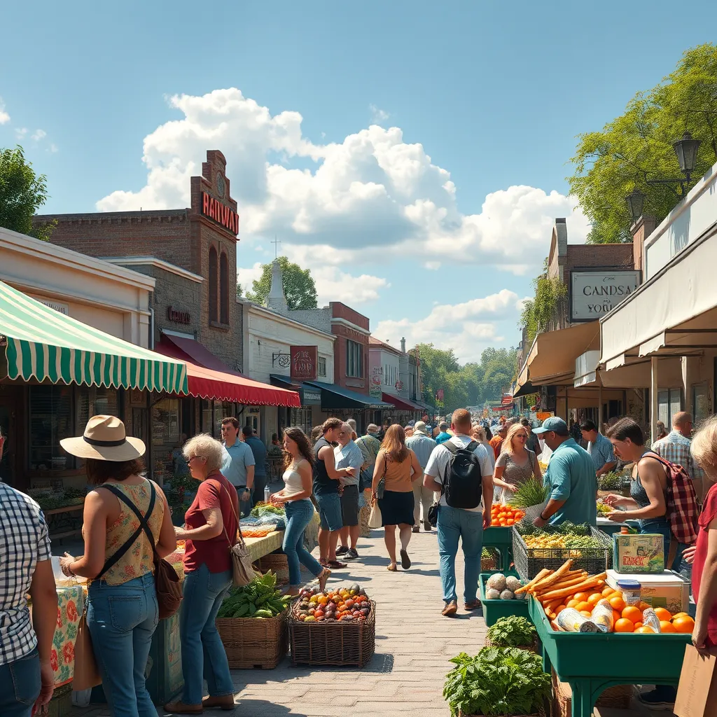 A bustling farmer's market on a sunny day with diverse local vendors and shoppers interacting, exchanging goods and money. Background includes small local shops and cafes with people enjoying their day, creating a lively community atmosphere.