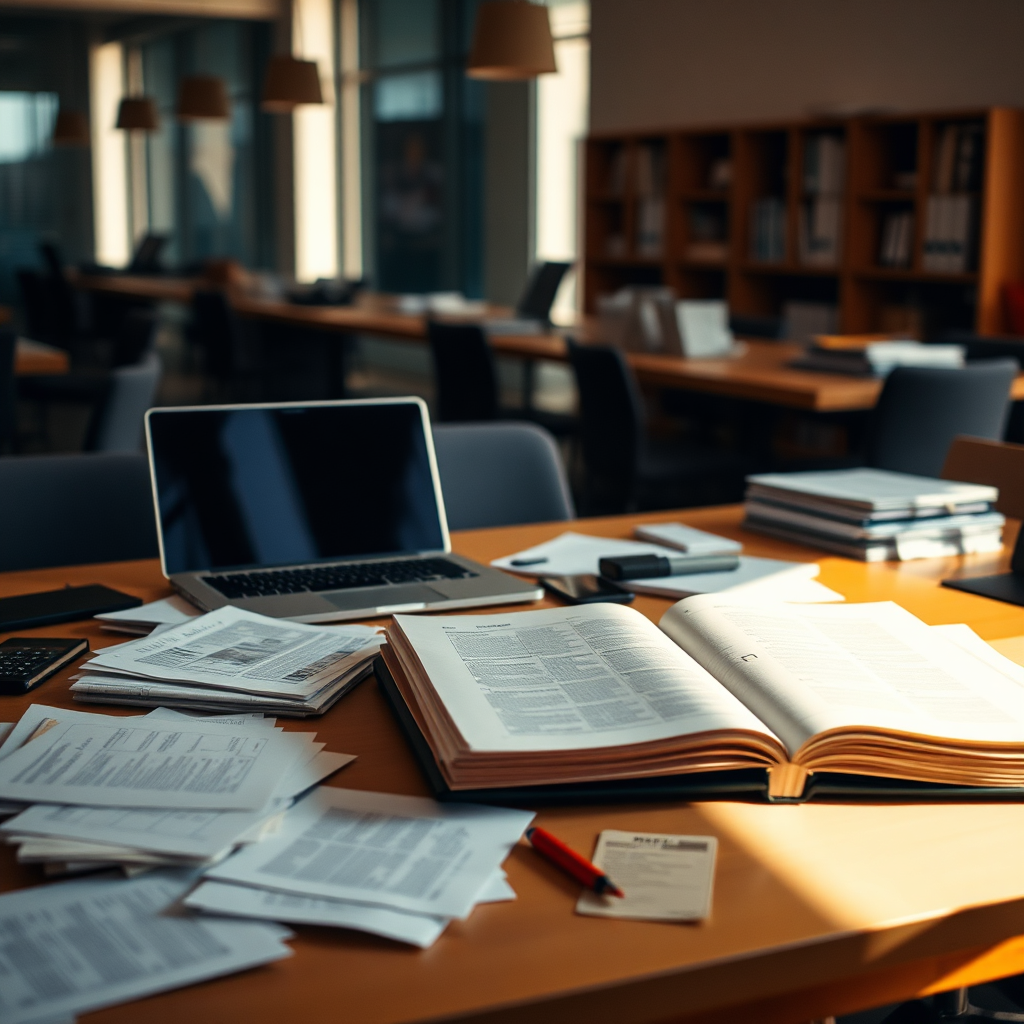 Editorial desk with documents and laptop