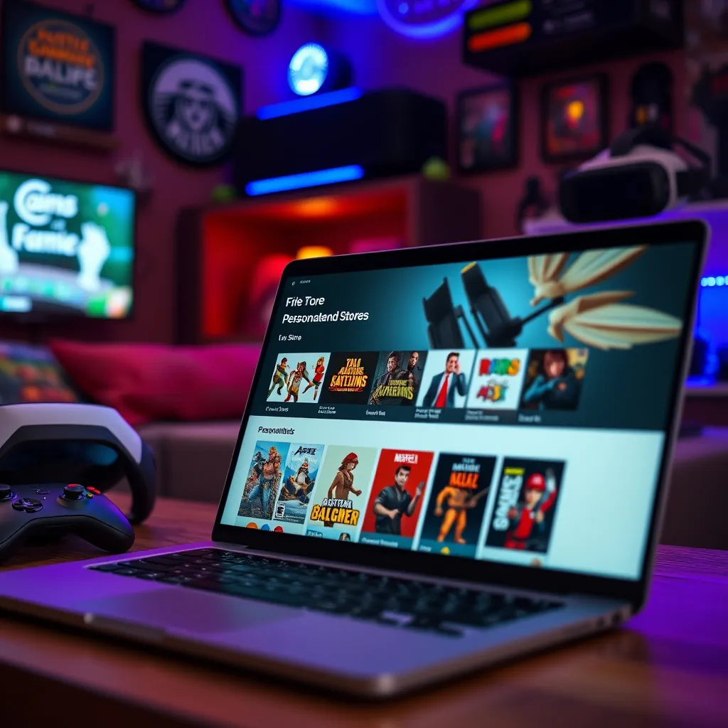 A close-up of a modern laptop screen displaying a beautifully designed online store homepage featuring personalized game recommendations. The background shows a cozy gaming nook with retro game cartridges and VR headsets, creating an inviting atmosphere for gamers of all kinds.