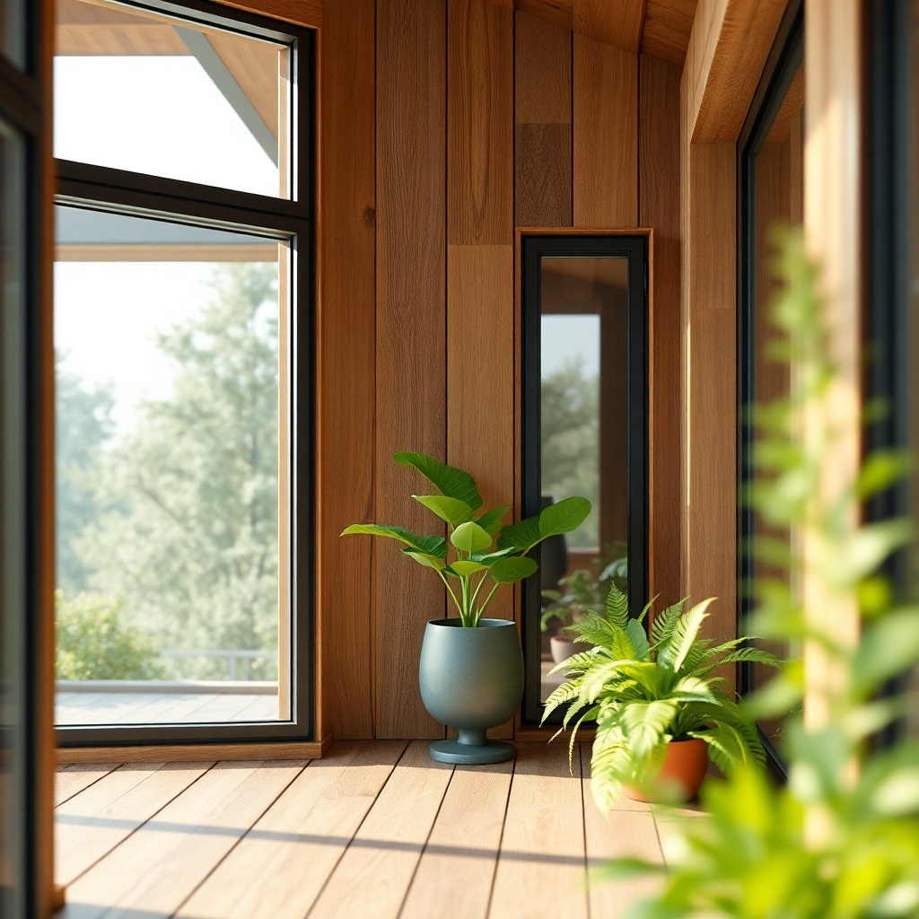 A close-up photorealistic image showcasing sustainable building materials, such as recycled wood and energy-efficient windows. The focus should be on textures and details, emphasizing the natural beauty and ecological benefits of the materials.