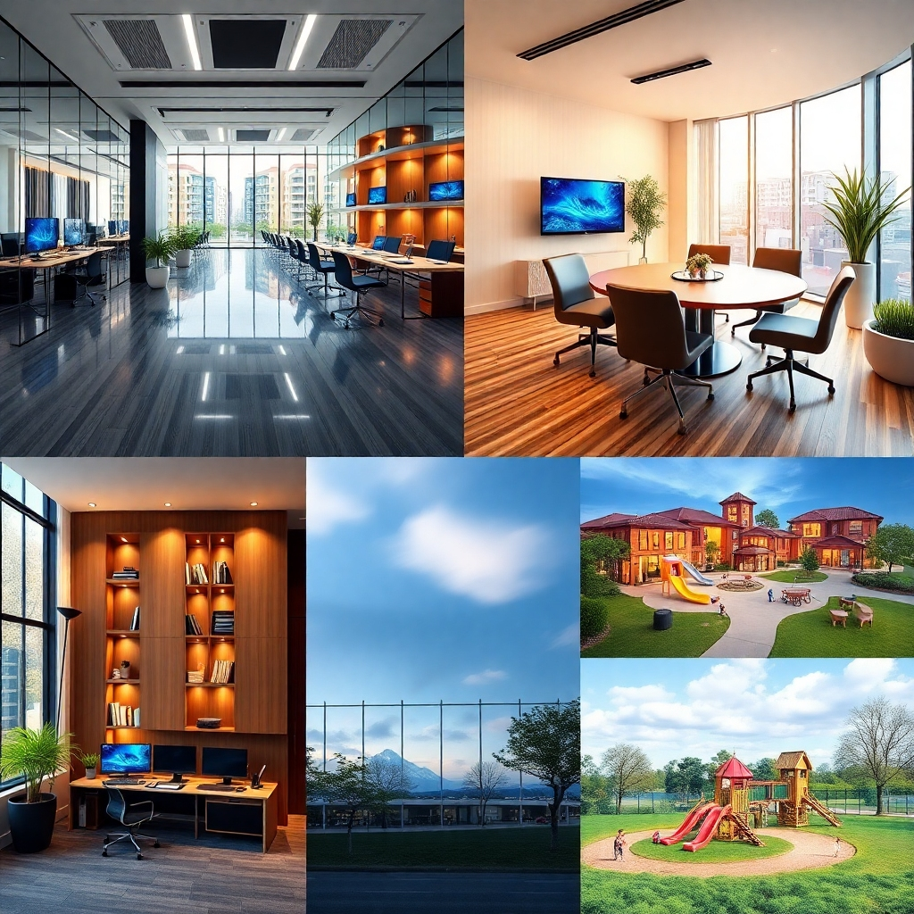 A collage of images showcasing modern office spaces, cozy residential units, meeting rooms equipped with technology, and recreational areas like parks and playgrounds. The collage reflects a vibrant, interactive community atmosphere.