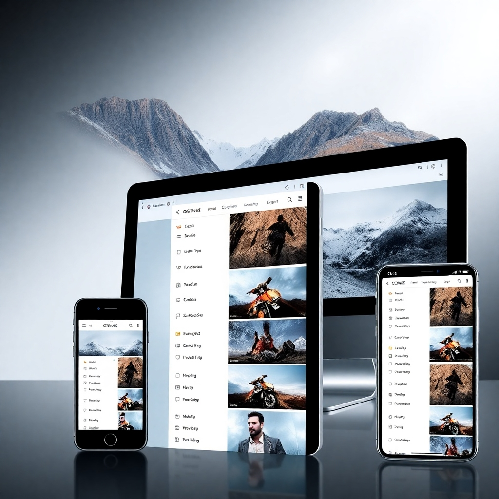 A comparison of the same website displayed on different devices such as a desktop, tablet, and smartphone, showcasing an intuitive navigation menu that adjusts seamlessly for each screen size. Emphasize the responsive design aspect.