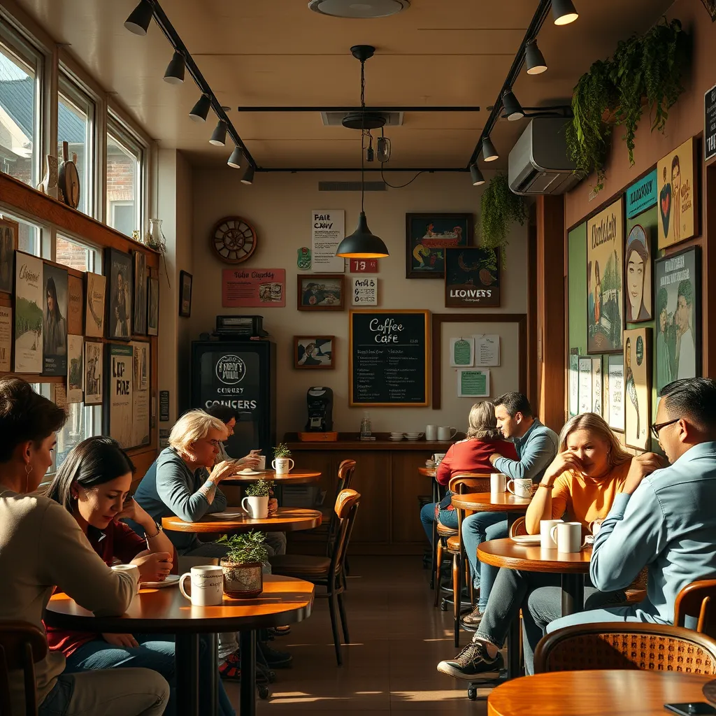 A cozy local café with customers enjoying coffee and engaging in friendly conversations. Walls adorned with community art and bulletin boards featuring local events. The café décor reflects the unique culture and character of the neighborhood, creating a warm, inviting atmosphere.