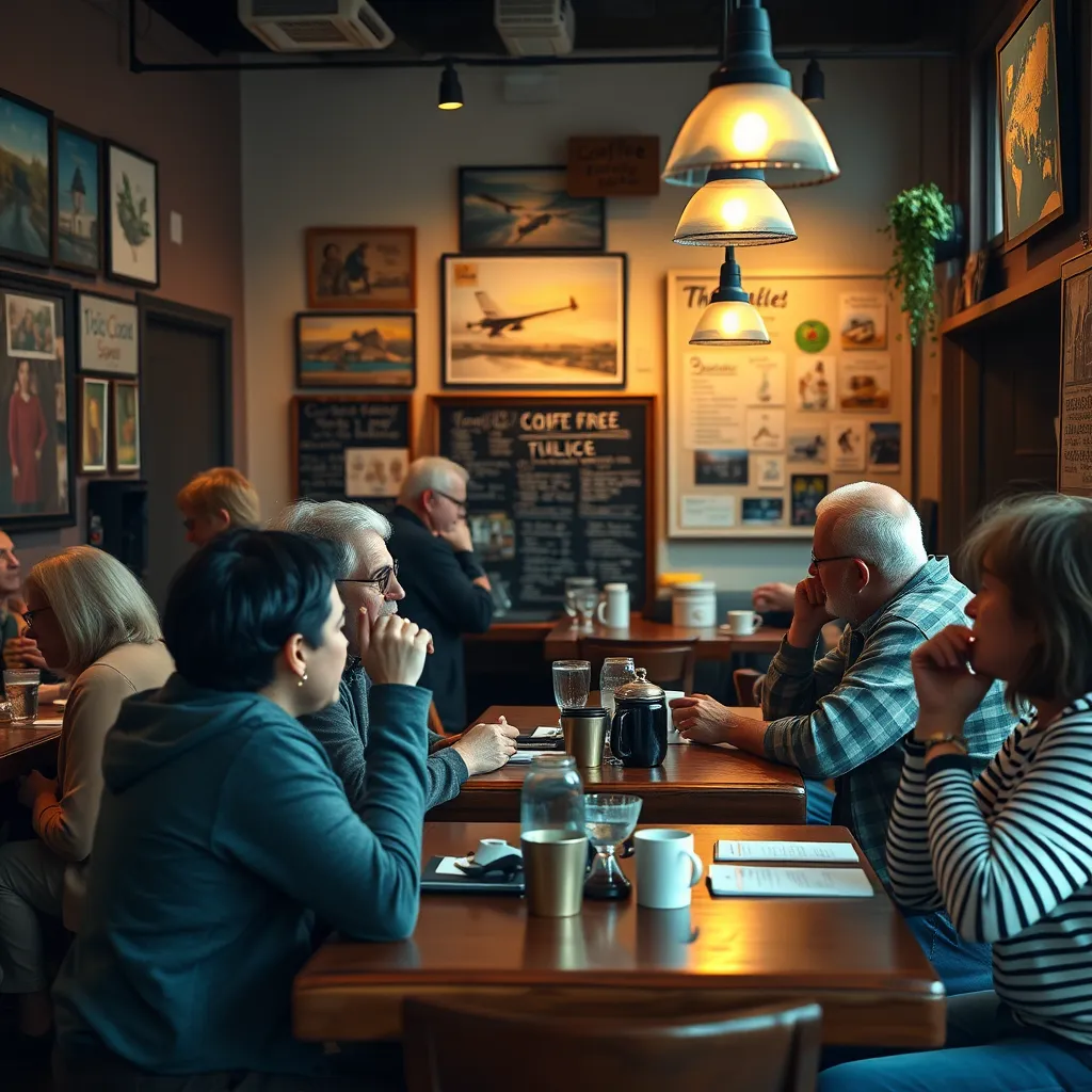 A cozy local coffee shop with people of different ages and backgrounds chatting and enjoying their time. The setting is warm and inviting, with local art on the walls and a community board filled with local events and announcements.