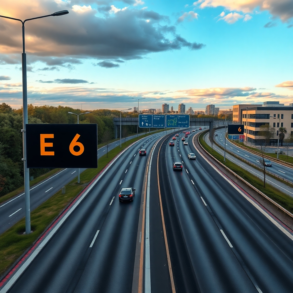 A detailed image depicting a busy highway with clear signage for E6, alongside a modern business park. Show vehicles on the road, and include symbols of accessibility, like a road map or directional arrows, to emphasize convenient transportation.