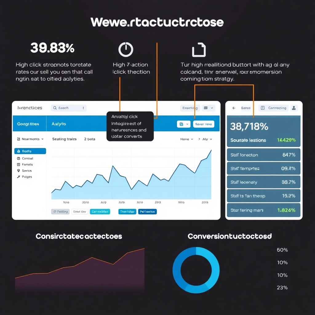 A detailed infographic showing a website's analytics, highlighting areas with high click-through rates for call-to-action buttons. Include charts with upward trends and emphasis on conversion optimization strategies.