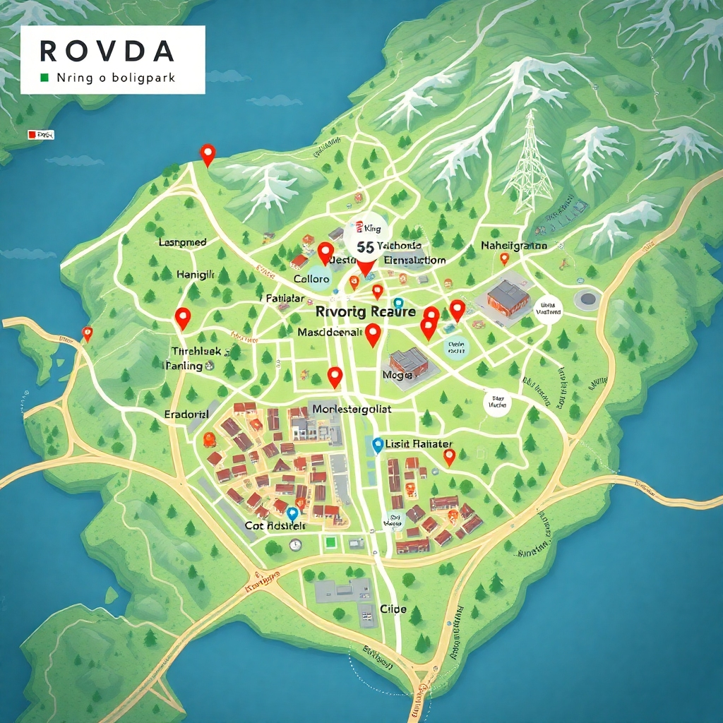 A detailed map highlighting the location of Rovdas Næring og boligpark. Include notable landmarks, roads, and nearby public transportation options, in an illustrative style. The map should have a clear and vibrant layout to emphasize accessibility.