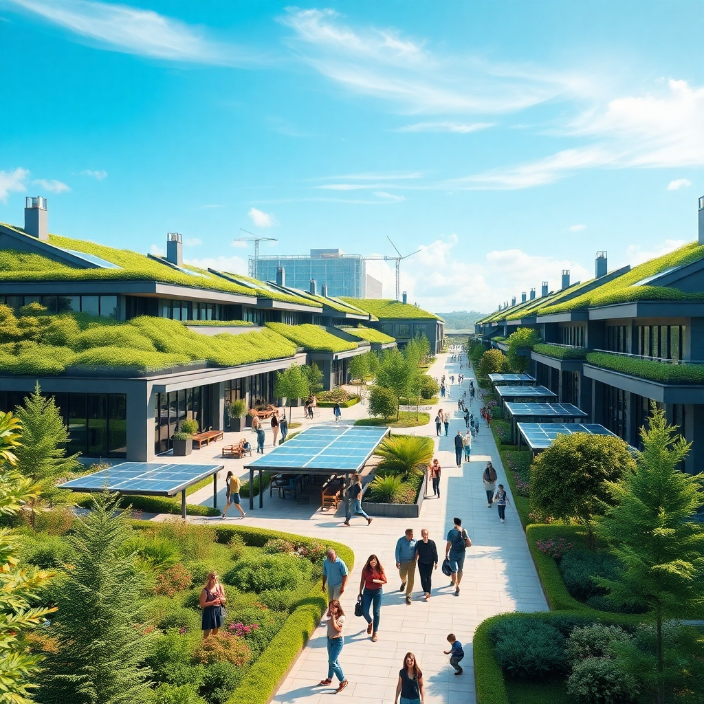 A detailed photorealistic image of a modern sustainable business park featuring green roofs, solar panels, and lush landscaping, embodying eco-friendly architecture. People engaging in various activities, showcasing community and sustainability, with a bright blue sky in the background.