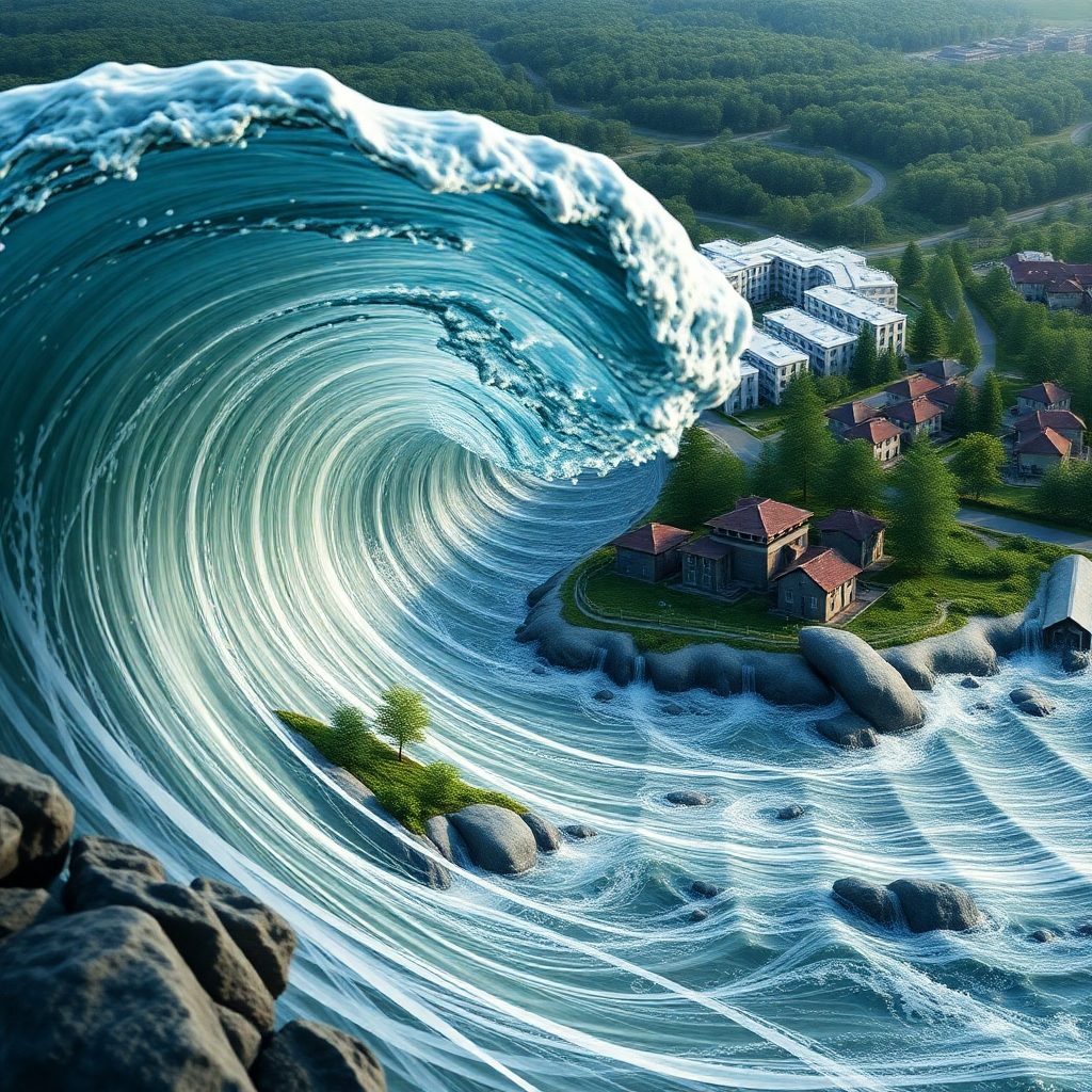 A detailed photorealistic image illustrating waves creatively integrated into a modern development design, showing flow and movement. Include natural landscapes and residential structures that reflect this rhythm, emphasizing the dynamic interplay between architecture and nature in Rovdas Næring og Boligpark.