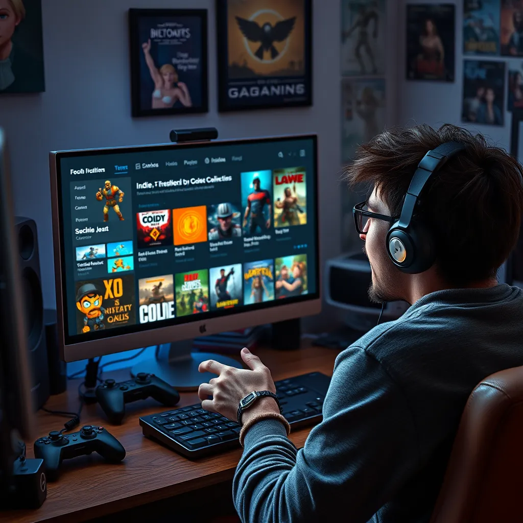 A detailed scene of a gamer in front of a computer, excitedly looking at personalized game recommendations. The screen shows an engaging layout with suggested indie, retro, and VR games, surrounded by elements like game controllers and collectibles, creating a cozy gaming atmosphere.