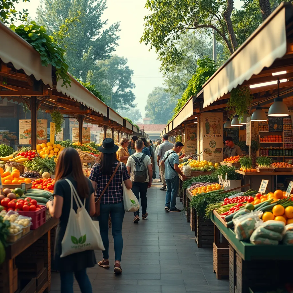 A detailed scene of a local farmer's market with stalls selling fresh, organic produce. Customers carrying reusable bags, vendors showcasing eco-friendly packaging, and minimal vehicle presence to illustrate the reduced carbon footprint.