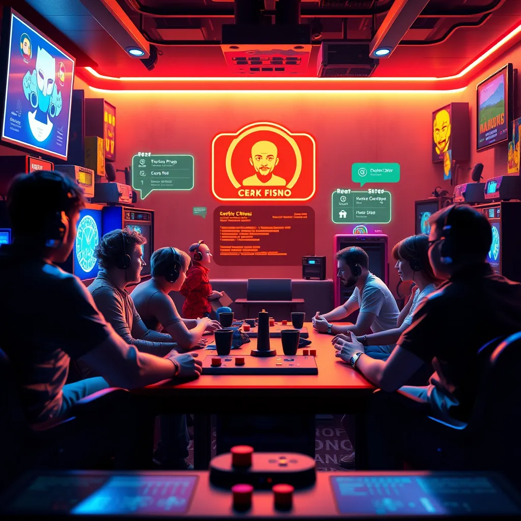 A digital community hub where players interact over retro games, featuring vibrant avatars, chat boxes, and user-generated reviews. The scene should include nostalgic backgrounds featuring iconic retro game elements, creating a warm, inviting atmosphere.