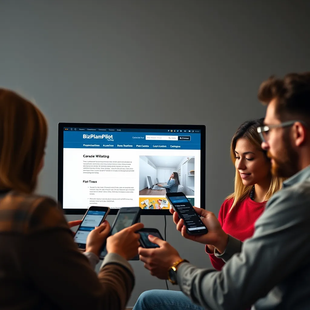 A diverse group of entrepreneurs using various devices—smartphones, tablets, and laptops—to access a responsive and modern website. The screen shows the BizPlanPilot interface, emphasizing mobile compatibility and showcasing the platform’s features in an engaging manner.