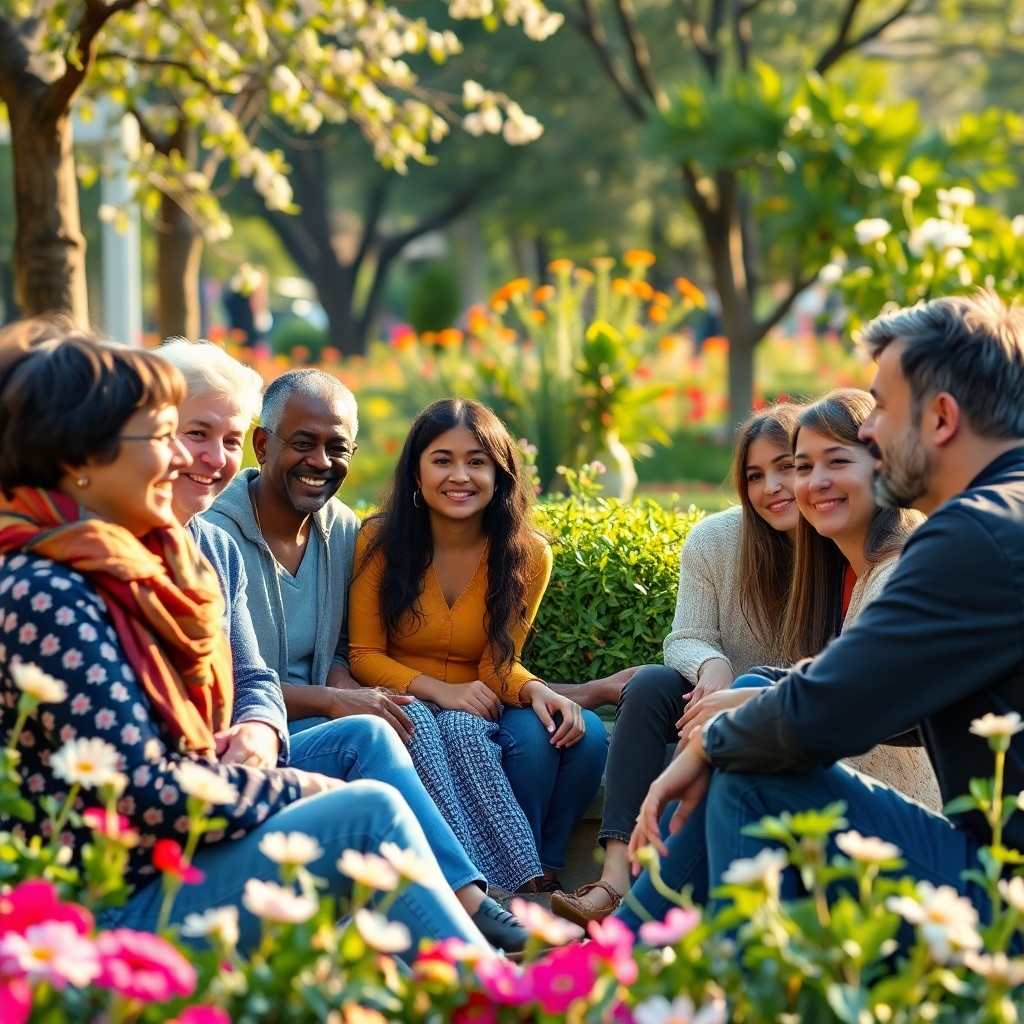 A diverse group of people including various ages and backgrounds sitting in a communal park area, smiling and engaging in conversation, surrounded by greenery and blooming flowers, capturing a sense of community and warmth.