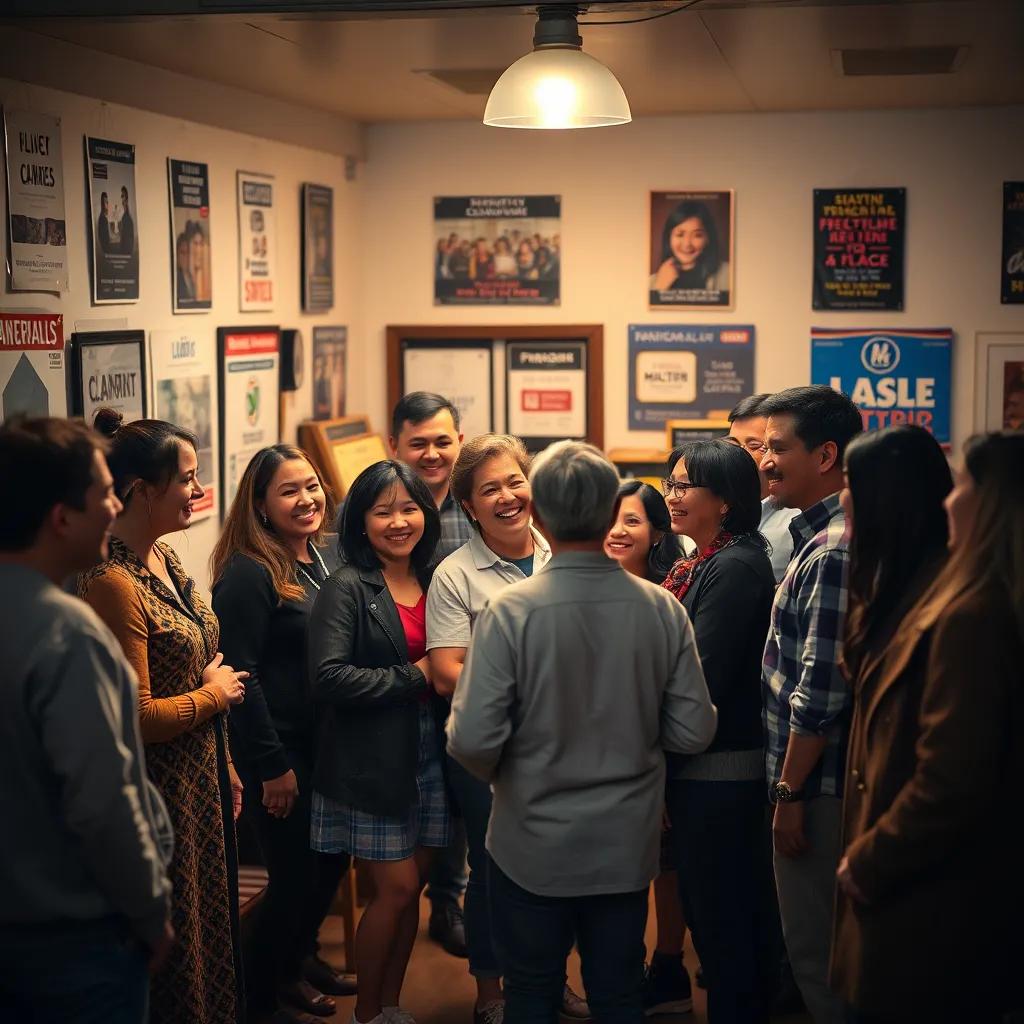 A diverse group of people standing in a close-knit circle, smiling and engaging with each other in a cozy, well-lit community center with posters supporting local businesses on the walls. The setting should feel warm and inviting.