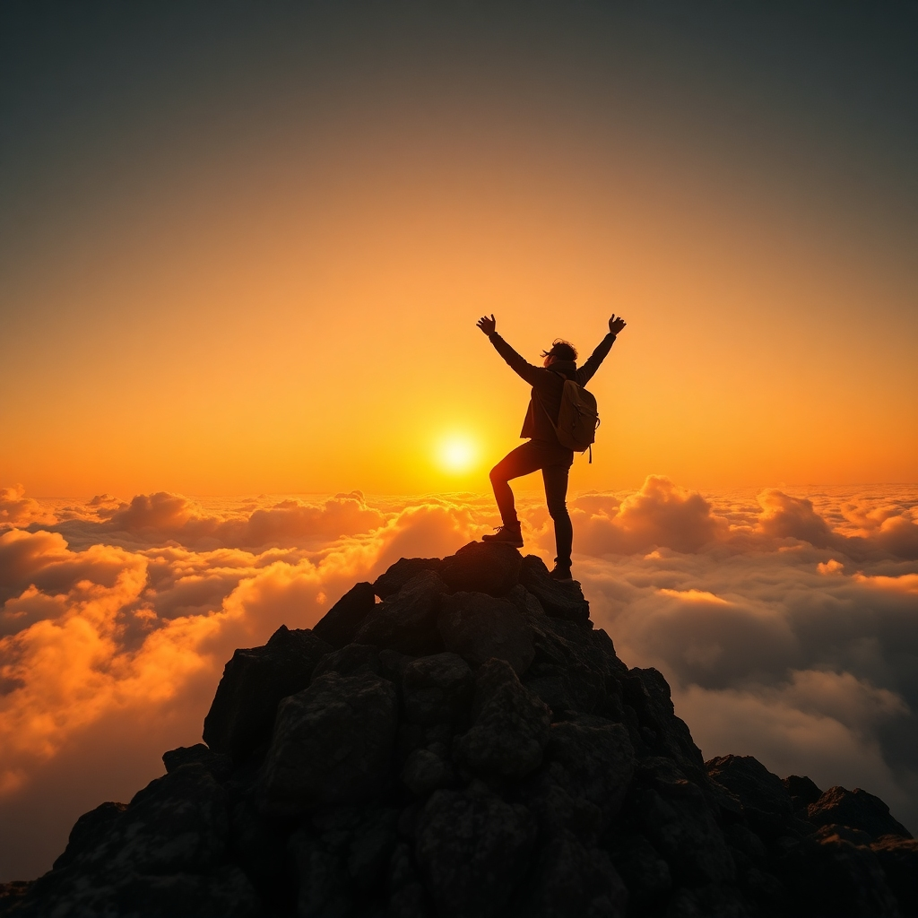 A dynamic image of a person standing triumphantly at the top of a mountain, the sunrise in the background symbolizing new beginnings. The colors are warm and invigorating, highlighting the individual’s sense of achievement. The camera angle is low, enhancing the grandeur of the scene. Textures include rocky surfaces underfoot and the softness of clouds nearby. The style references are inspirational landscapes. The technical specs are 4K resolution, high quality.