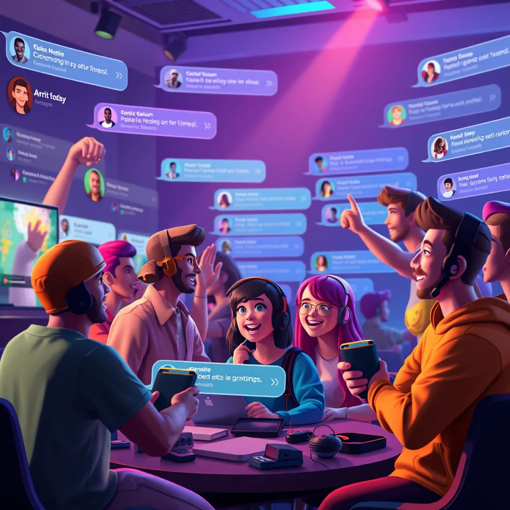 A dynamic online community scene featuring avatars of gamers interacting through chat messages, customized profiles, and activity feeds. Illustrate a lively digital forum or chat room atmosphere, with avatars celebrating and sharing game experiences in vibrant colors.
