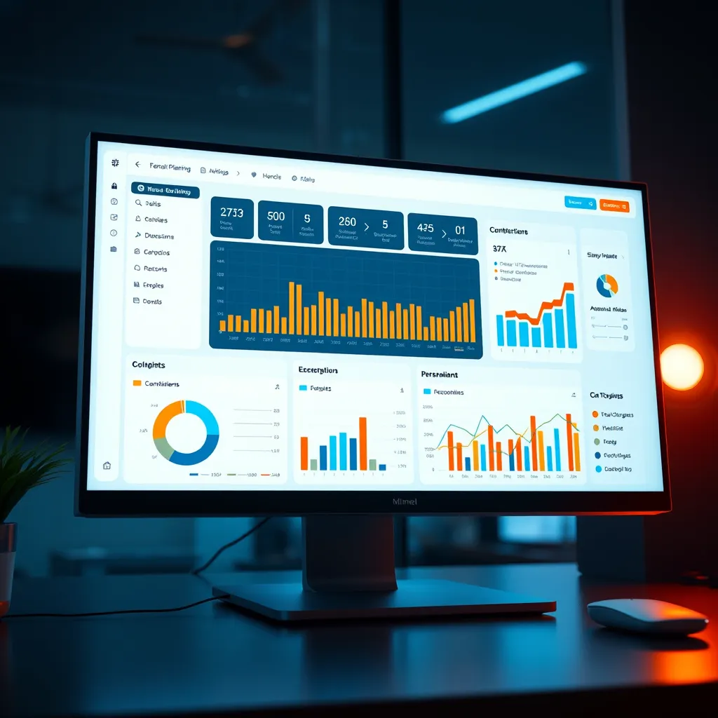 A dynamic user interface on a computer screen showcasing a personalized dashboard for business planning. Show interactive charts, customizable layouts, and AI-generated recommendations, all within a sleek, modern design to highlight advanced technology.