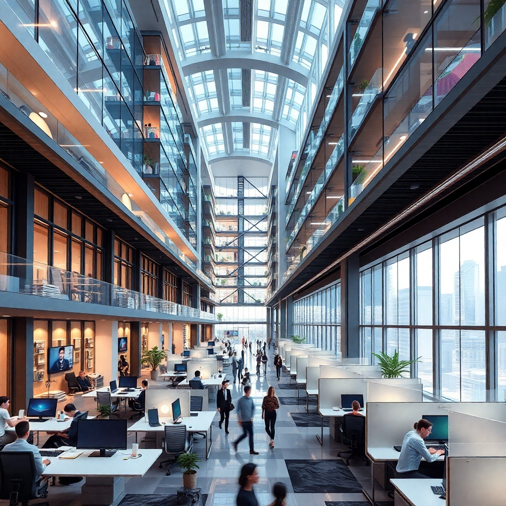 A futuristic office building design with flexible workspaces, bustling with activity. Showcase high-tech features, large windows, and modern design elements, combined with residential units to indicate a mixed-use environment.