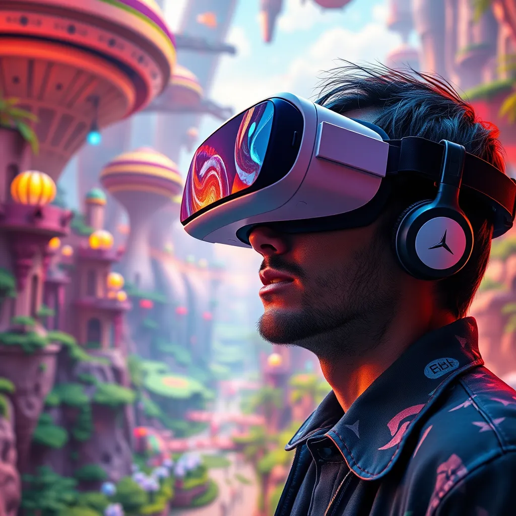 A gamer wearing a VR headset, deeply immersed in a colorful, immersive virtual environment with lush landscapes, futuristic structures, and interactive elements. The scene captures the excitement and innovation of early access VR games, showcasing vibrant colors and dynamic movement.