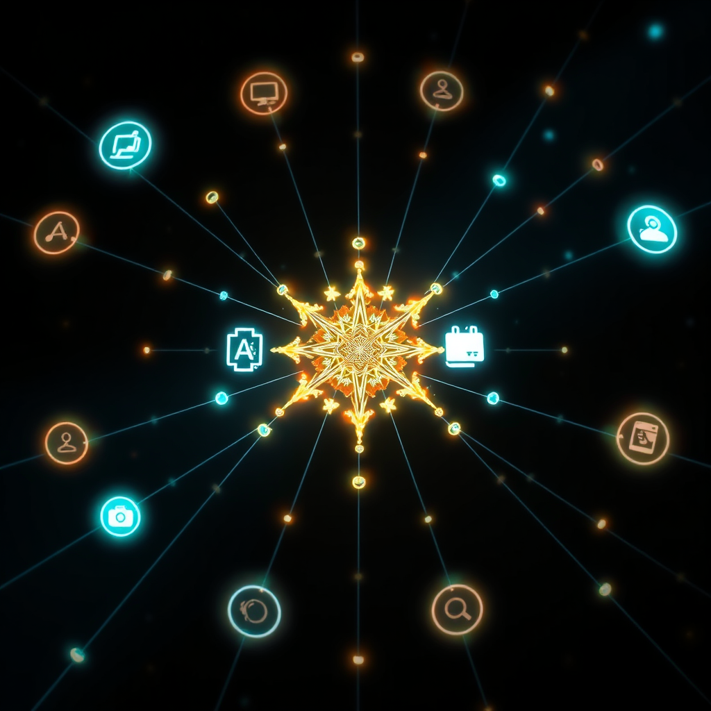 A glowing network of interconnected icons representing clonevoice.ai, artistly.ai, videoexpress.ai, talkingphotos.ai, and videditorapp.com, all converging to form a shining Christmas star. The background is dark and expansive, emphasizing the interconnectedness. Technical specs: 4K resolution, dynamic lighting effects.
